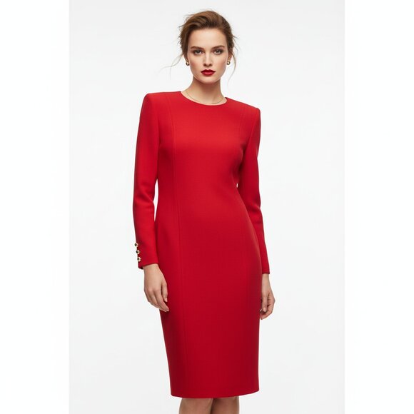 Vintage Talbots Red Wool Dress Size 8 Gold Button Sleeve Detail Long Sleeve - Picture 1 of 5